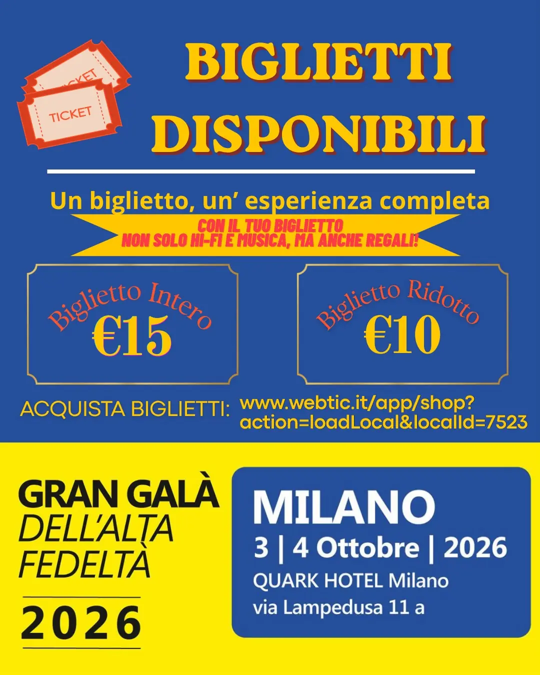 Biglietti del Gran Galà dell'Alta Fedeltà di Milano, 3 ottobre 2026